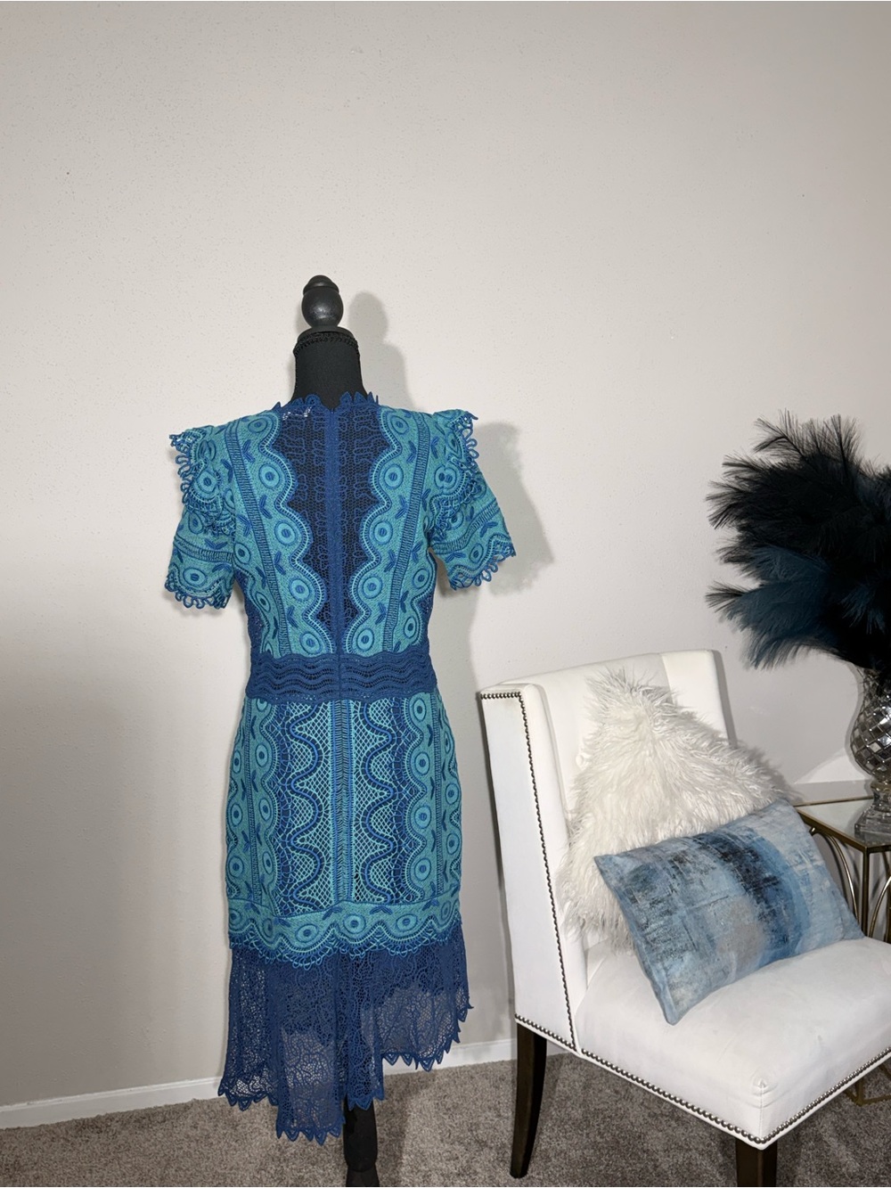 Sea New York Teal Navy Lace Mini Dress Size 8 Crochet Asymmetrical Boho Cocktail - Picture 7 of 11